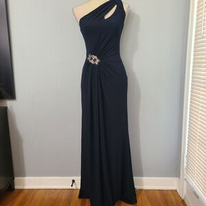 David Meister Dress Gown Maxi‎ Dark Blue One Shoulder Crystal Wedding 2